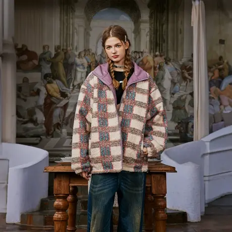 潮牌两面穿格子棉服女冬季加厚羊羔毛外套2023新款复古宽松小棉袄图片