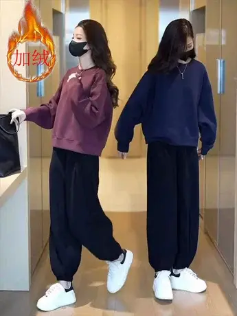 港风加绒运动服套装2023秋冬装新款小个子时尚洋气休闲卫衣两件套商品大图