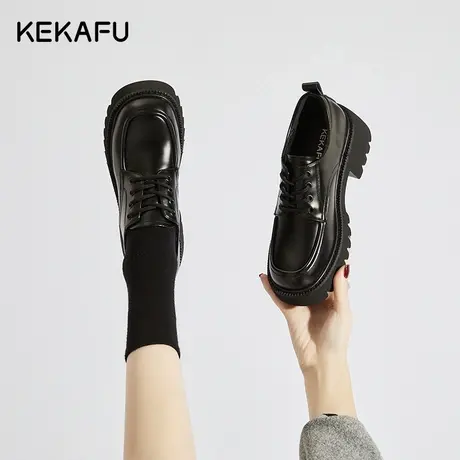 珂卡芙英伦风小皮鞋女2023新款秋季粗跟单鞋黑色系带厚底乐福鞋女图片