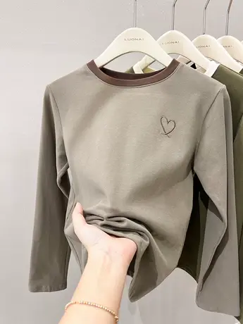 圆领长袖t恤女秋冬2023新款磨毛打底衫加绒内搭气质修身显瘦上衣商品大图