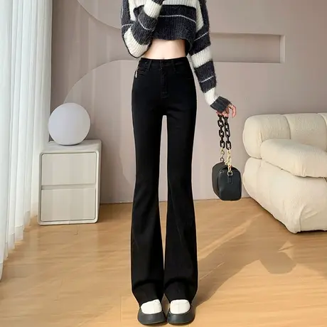 黑色加绒微喇叭牛仔裤女2023年冬季新款高腰显瘦直筒拖地马蹄裤子商品大图