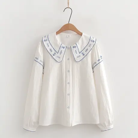 2023秋新款十字绣刺绣棉布衬衣翻领长袖风琴褶复古绣花衬衫商品大图
