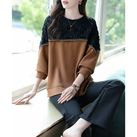 宝诗黎圆领拼接宽松慵懒卫衣女2023秋季新款长袖百搭打底休闲上衣商品大图