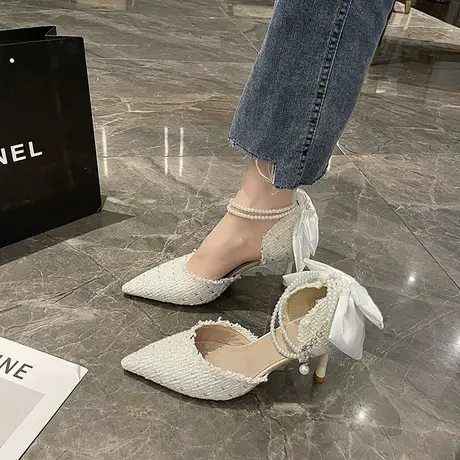 高跟鞋女尖头珍珠女鞋子2023年新款秋季中空法式仙女风蝴蝶结单鞋图片