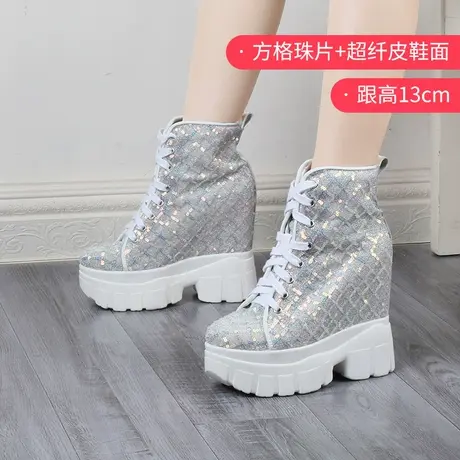 内增高女鞋13CM韩版新款透气坡跟厚底高帮鞋女旅游休闲运动松糕鞋商品大图