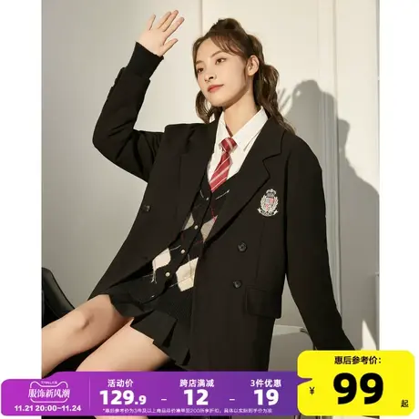 唐狮学院风西装外套女春秋季新款韩版宽松黑色上衣休闲百搭设计感图片
