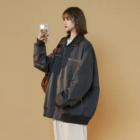 美式复古外套女春秋2023年新款爆款潮牌宽松oversize教练夹克上衣商品大图