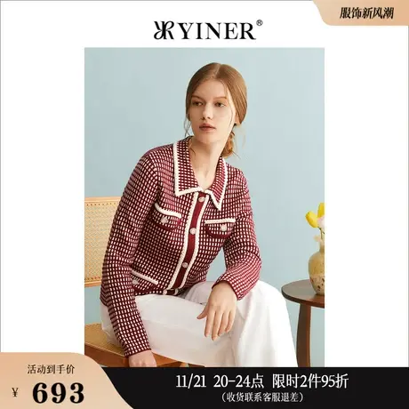 【中国红】YINER音儿专选女装冬季格纹针织衫羊毛上衣商品大图