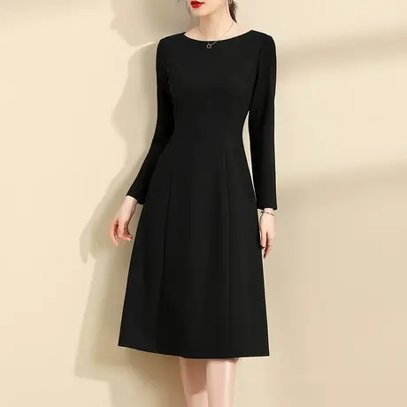 水墨青华春季新品优雅修身中长款小黑裙显瘦百搭打底连衣裙图片
