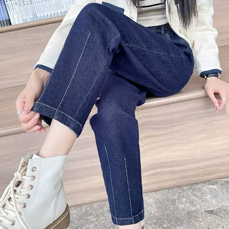 深蓝色老爹牛仔裤女2024春秋季新款萝卜裤高腰显瘦垂感宽松直筒裤商品大图