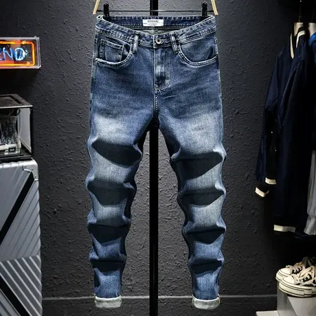 秋冬季蓝色牛仔裤男修身小脚百搭男士显瘦高档长裤子男韩版潮流款商品大图