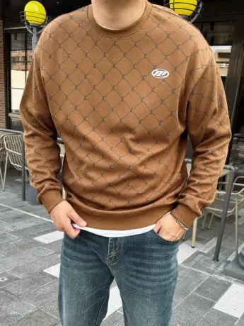 大依无忧秋新款大码男装咖色网纹大号潮胖子加肥加大圆领长袖卫衣商品大图