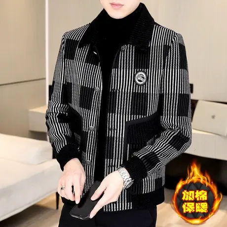 冬季加棉加厚外套男士潮流时尚翻领青年高级感金貂绒呢子条纹夹克商品大图