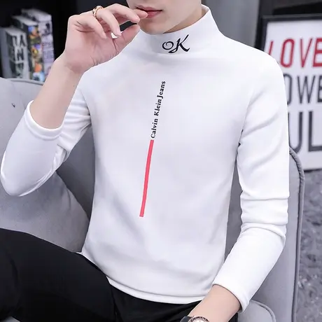 男士长袖t恤秋季新款2023韩版修身半高领卫衣男装帅气刺绣打底衫商品大图