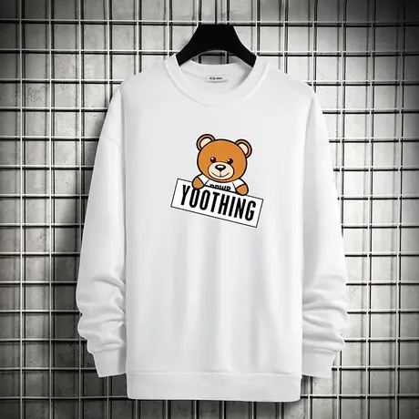 小熊卫衣男士春秋款宽松潮流百搭套头无帽白色上衣服加绒圆领长袖商品大图