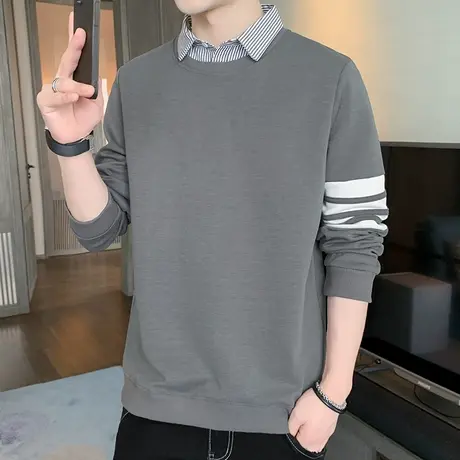 假两件卫衣男士春秋季2023新款潮流宽松衬衫领春装上衣ins长袖t恤商品大图