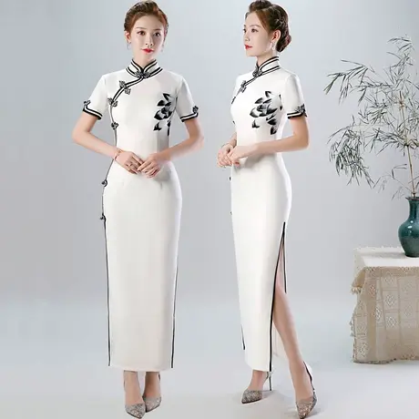 2023新款礼仪旗袍长款走秀演出旗袍中国风改良祺袍优雅复古水墨画商品大图