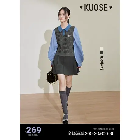 阔色假两件拼接衬衣polo领针织衫女2023秋冬新款毛衣马甲衬衫上衣商品大图