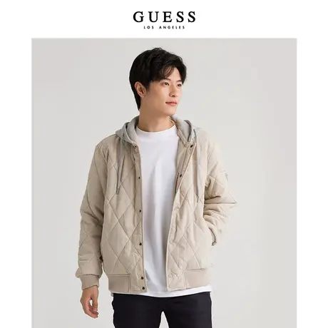 GUESS男士卡其色连帽抽绳格纹设计感百搭保暖休闲外套-MM3W4860商品大图