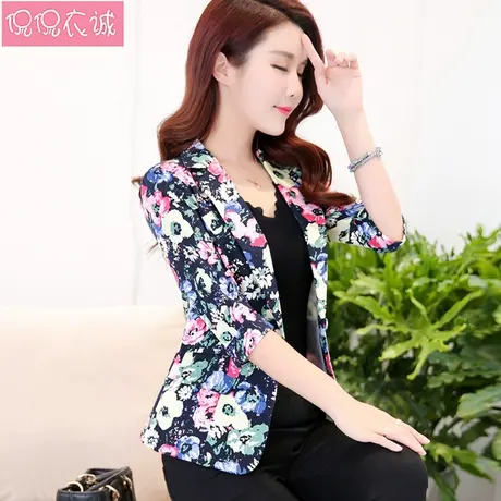2025春装新款七分袖小西装女短款外套韩版修身休闲印花小西服薄款商品大图