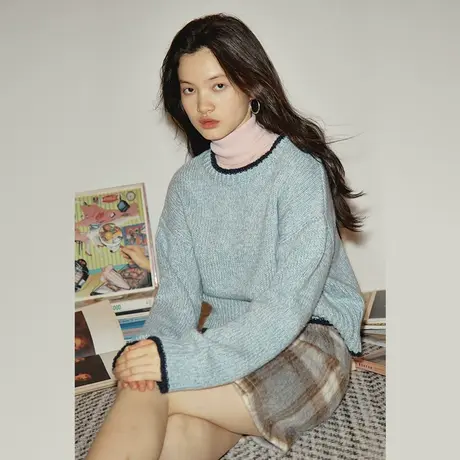 omont蛋挞家 复古撞色羊毛针织上衣秋冬2023新款慵懒宽松短毛衣女图片