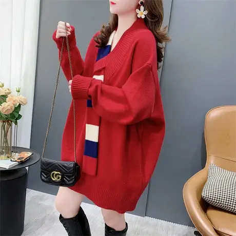 圣诞新年红色V领毛衣女2023年新款秋冬宽松洋气高级感超好看上衣商品大图