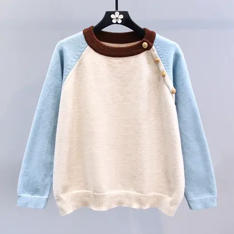 撞色拼接斜扣毛衣女秋冬2023新款宽松设计感小众套头打底针织衫商品大图