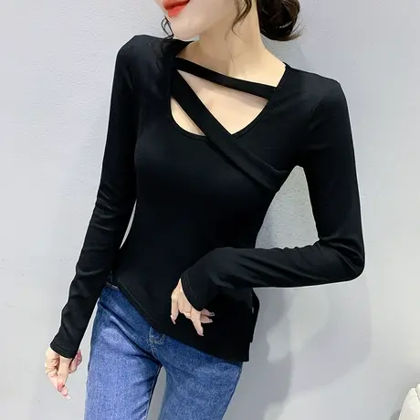 不规则打底衫女春秋性感镂空上衣设计感小众长袖T恤内搭修身小衫图片