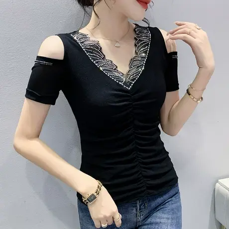 露肩短袖T恤女ins潮性感V领网纱打底小衫洋气百搭烫钻修身上衣夏图片