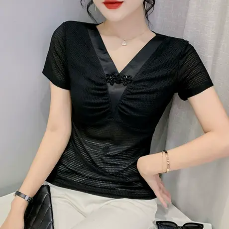 欧货性感网纱T恤女短袖2024夏装新款时尚气质修身V领小衫百搭上衣图片