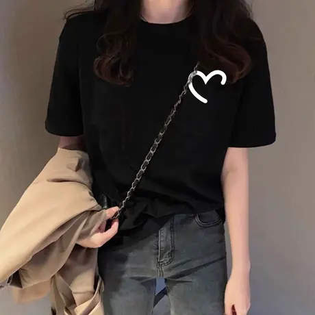 2023年夏季新款女装正肩黑色短袖T恤女设计感小众宽松纯棉上衣ins图片