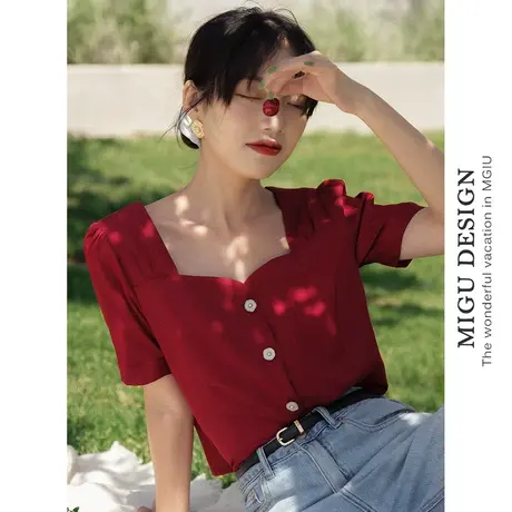 复古港风女装夏法式方领上衣短款雪纺衬衫女夏高级感短袖红色衬衣图片