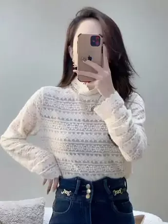 2023秋冬新款欧货勾花镂空半高领蕾丝衫女长袖设计感小众打底衫潮商品大图