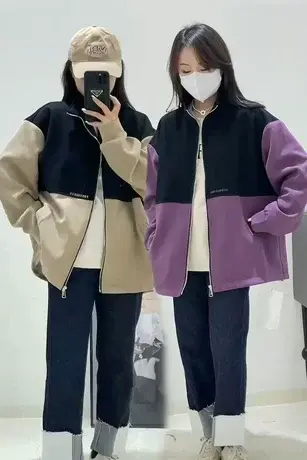 外套女2023早春新款立领拼色韩版小个子时尚宽松慵懒风休闲开衫图片