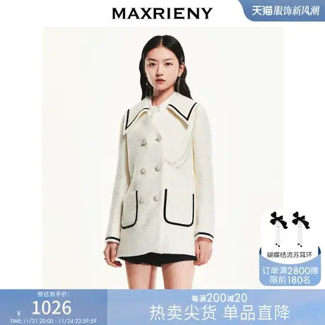[买4免1]MAXRIENY学院风翻领撞色边大衣冬装复古通勤衣毛呢外套图片