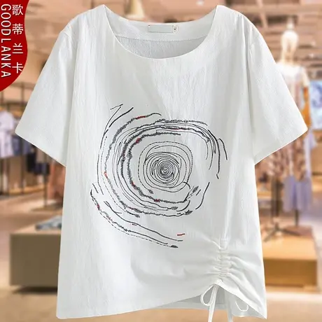 中年妈妈夏装短袖上衣洋气时尚绣花绷带小衫加肥加大码女T恤200斤商品大图