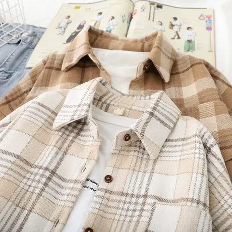 文艺复古秋冬新2020韩版宽松大码加厚磨毛长袖格子衬衫女毛呢外套商品大图