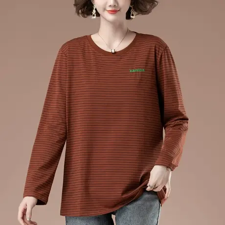 条纹长袖t恤女春秋薄款加肥加大码女装宽松纯棉遮肚子显瘦打底衫商品大图