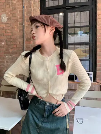 秋季2023年新款短款开衫外套上衣长袖针织衫小个子女装慵懒风毛衣商品大图