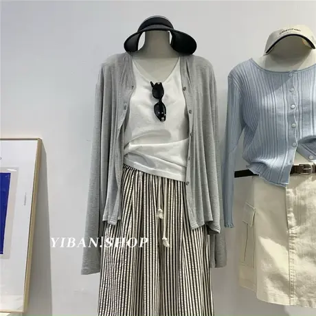 莫代尔开衫外套女2023秋装新款韩版宽松V领长袖薄款百搭外套上衣商品大图