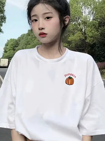 ins国潮牌仿棉短袖T恤女2023夏季设计感小众宽松白色正肩体恤上衣商品大图