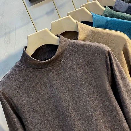 德绒半高领t恤男士打底衫春秋款长袖中领内搭潮流保暖上衣加绒冬商品大图