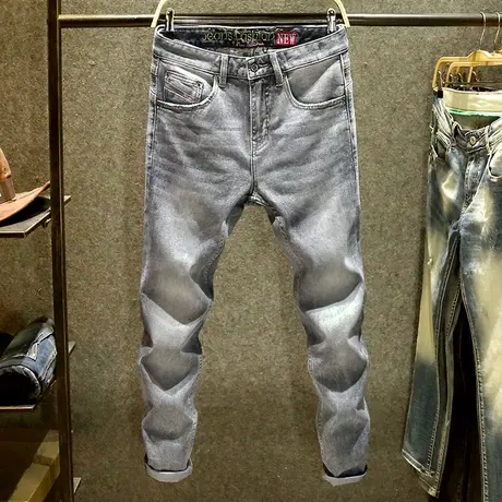 夏季灰色牛仔裤男ins潮修身弹力小脚裤高街潮牌百搭休闲长裤薄款商品大图