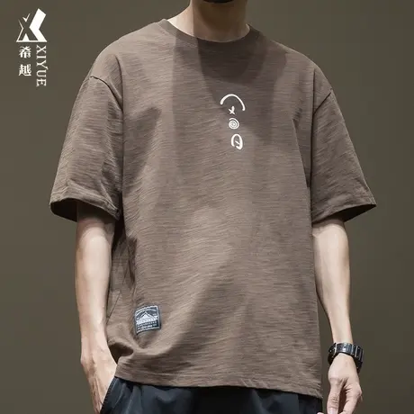 希越小刺绣竹节棉短袖t恤男2025夏季新款宽松大码潮流纯棉体恤衫商品大图