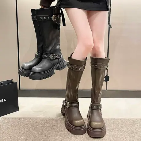 长筒靴女2023春秋季新款超火小众设计感气质瘦瘦靴粗跟厚底骑士靴图片