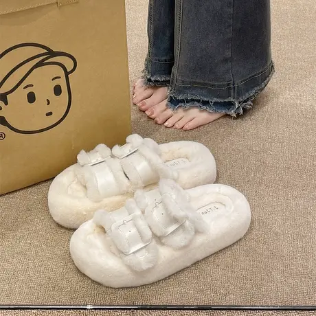 厚底拖鞋女外穿2024秋季新款时尚带扣毛绒绒一字外出毛毛拖鞋秋冬商品大图