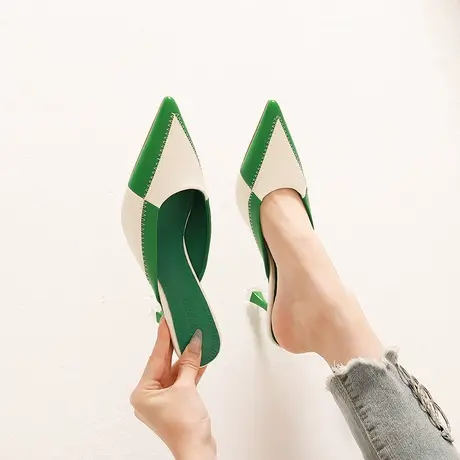 设计感小众拼色外穿半拖鞋女细跟2024年夏季新款性感尖头性感凉鞋商品大图