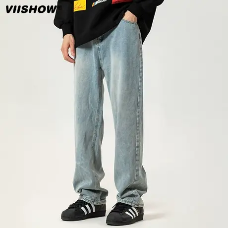 VIISHOW阔腿牛仔男秋冬季高街复古宽松直筒裤垂感显高加绒休闲裤图片