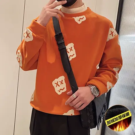 冬季男卫衣外套上衣圆领花色加绒拼色拼接假两件潮流加厚保暖体恤图片