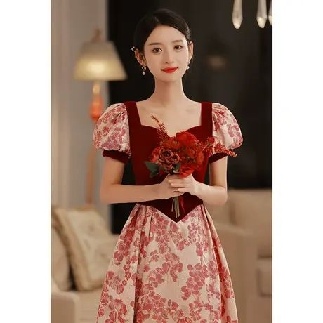 订婚连衣裙红色礼服敬酒服新娘2023新款在逃公主裙子泡泡袖小个子商品大图